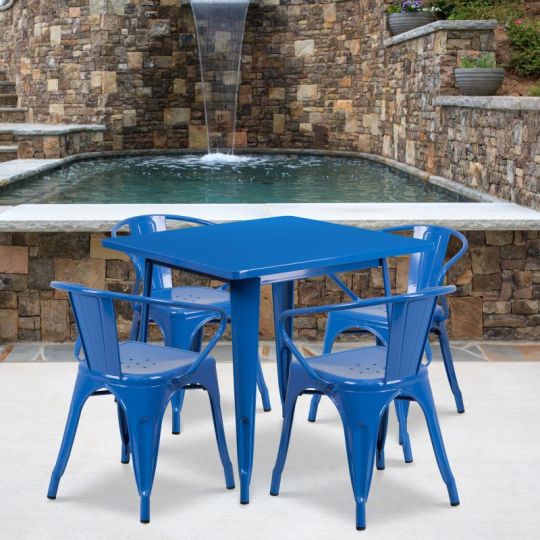 Blue 31.5" square metal table with 4 arm chairs