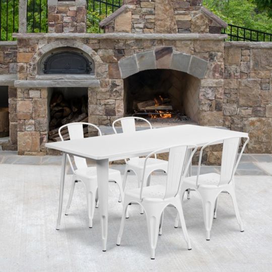 White 31.5" x 63" rectangular metal table with 4 stack chairs