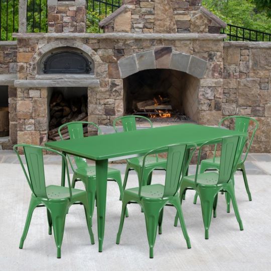 Green Metal Rectangular Table with 6 stackable side chairs