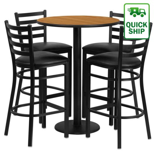 Laminate Table Set - Natural Table w/ Black Vinyl Barstools