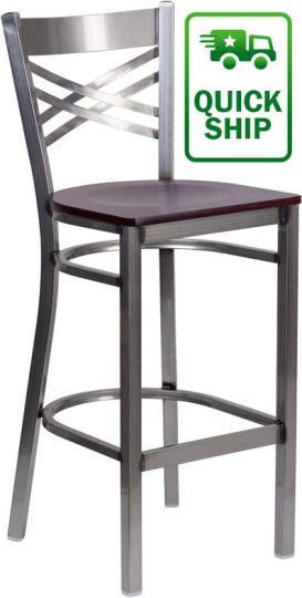 Clear Coat X-Back Metal Frame Barstool - Mahogany Wood Seat