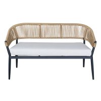 854 Outdoor Resin Bench - Black with Tan Rope Back - Grey Cushion - Front View