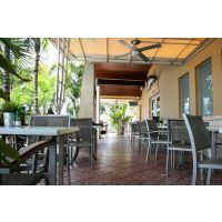 AL-1316 Black Outdoor Table Bases - shown with outdoor chairs