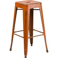 Distressed Square Seat Metal Barstool - Orange