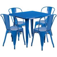 31.5" square metal table with 4 stack chairs - Blue