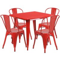 31.5" square metal table with 4 stack chairs - Red
