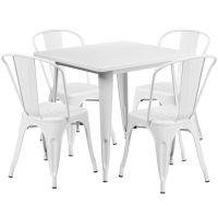 31.5" square metal table with 4 stack chairs - White