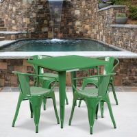Green 31.5" square metal table with 4 arm chairs
