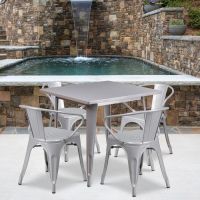 Silver 31.5" square metal table with 4 arm chairs