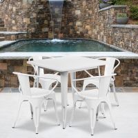 White 31.5" square metal table with 4 arm chairs