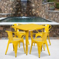 Yellow 31.5" square metal table with 4 arm chairs