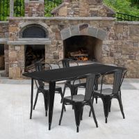 Black 31.5" x 63" rectangular metal table with 4 stack chairs