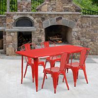Red 31.5" x 63" rectangular metal table with 4 stack chairs