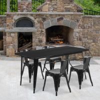 Black 31.5" x 63" rectangular metal table with 4 stack chairs