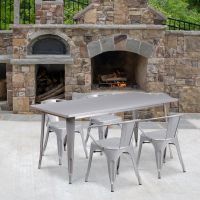 Silver 31.5" x 63" rectangular metal table with 4 arm chairs