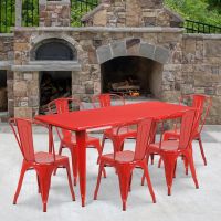 Red Metal Rectangular Table with 6 stackable side chairs