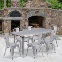 Silver Metal Rectangular Table with 6 stackable side chairs