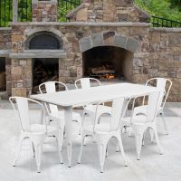 White Metal Rectangular Table with 6 stackable side chairs