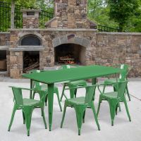 Green 31.5" x 63" rectangular metal table with 6 arm chairs