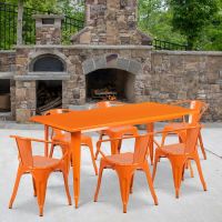 Orange 31.5" x 63" rectangular metal table with 6 arm chairs