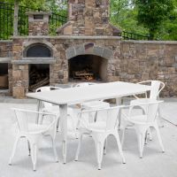 White 31.5" x 63" rectangular metal table with 6 arm chairs