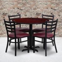 Laminate Table Set - Mahogany Table w/ Burgundy Vinyl Ladder Back Chair