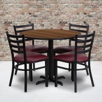 Laminate Table Set - Walnut Table w/ Burgundy Vinyl Ladder Back Chair