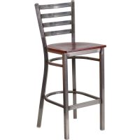 Clear Coat Metal Frame Barstool - Mahogany Wood Seat