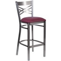 Clear Coat X-Back Metal Frame Barstool - Burgundy Vinyl Wood Seat