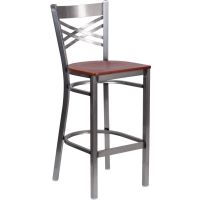 Clear Coat X-Back Metal Frame Barstool - Cherry Wood Seat