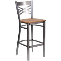 Clear Coat X-Back Metal Frame Barstool - Natural Wood Seat