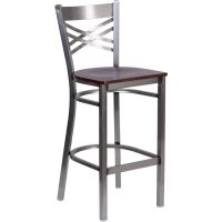 Clear Coat X-Back Metal Frame Barstool - Walnut Wood Seat