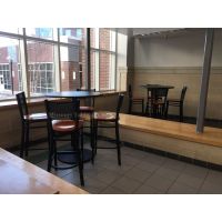 36″ Black Laminate Table and 4 Cherry Wood Grid Bar Stools