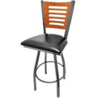 Five Line Swivel Barstool - Clear Coat Silver/Black Vinyl/Cherry Back