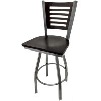 Five Line Swivel Barstool - Clear Coat Silver/Black Wood Seat/Black Back