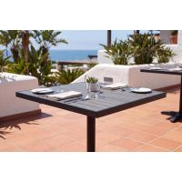 Faux Teak Outdoor Table Tops - Black Frame/Gray Faux Teak - shown on patio