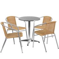 Stainless Steel Outdoor Set - Stainless Table Top w/Beige Rattan Chairs