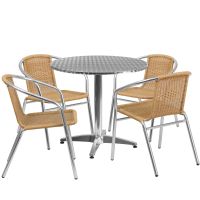 Stainless Outdoor Set - Stainless Table Top w/Beige Rattan Chairs