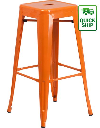 Backless Square Seat Metal Barstool - Orange