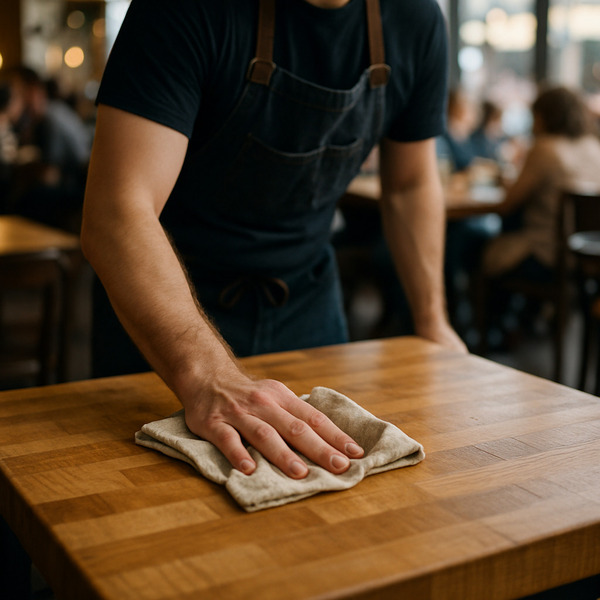A waiter cleaning a square butcher block table top at restaurant