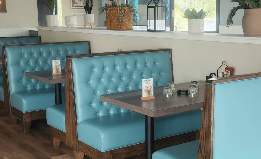 Royale Restaurant Booth w/ Wood Pedestal legs (Vinyl - Patriot Plus Collection Sea)